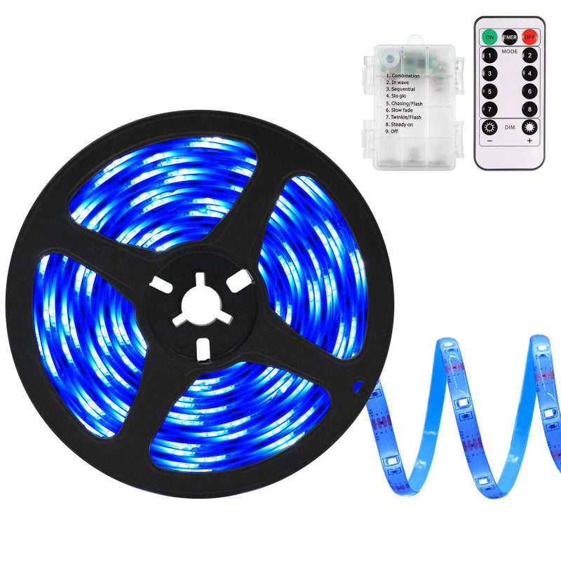 echosari Blue Led Strip Lights Waterproof Battery Operated with Remote, 8 Modes, Dimmable, Timer, Self-Adhesive, Cuttable, 3M 90Led Battery Strip Led Light for Indoor Outdoor Decor - Image 1